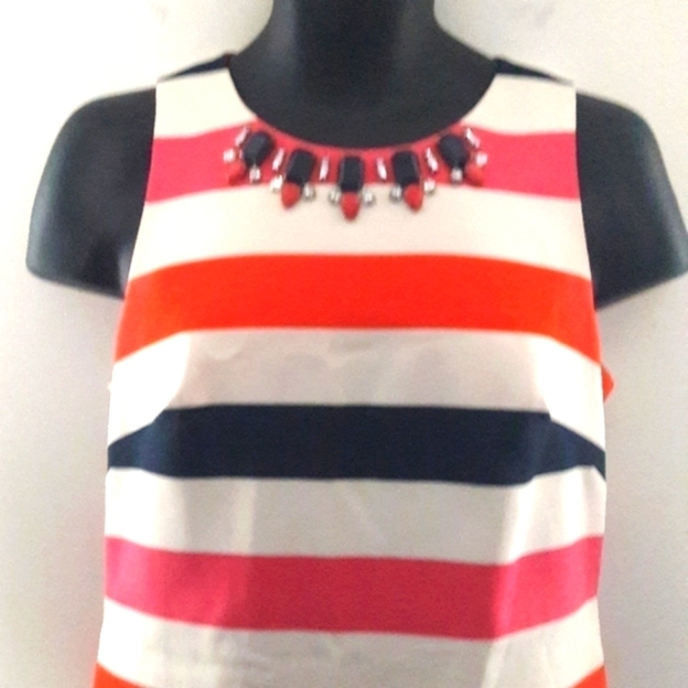 Vince Camuto Striped Dress w/ Bejeweled Neckline, Size 8